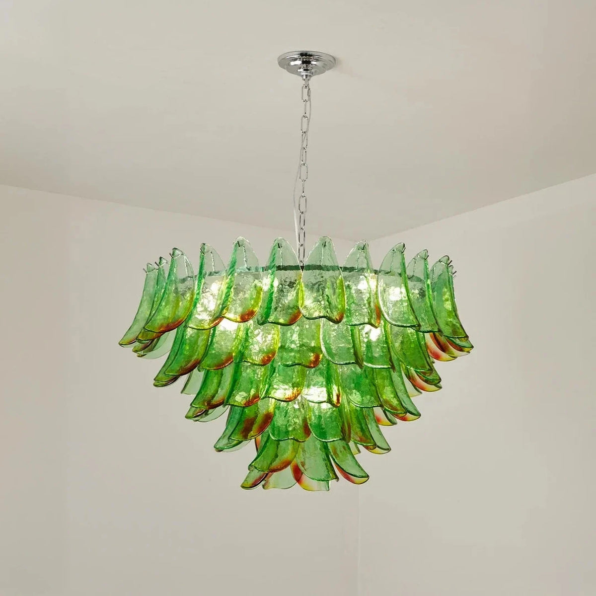 Modern Curved Petal Chandelier in emerald green glass for Dining Room by AUVIELIGHT, ∅ 31.5" x  22.1" / Green Glass + Chrome and 1 other sizes