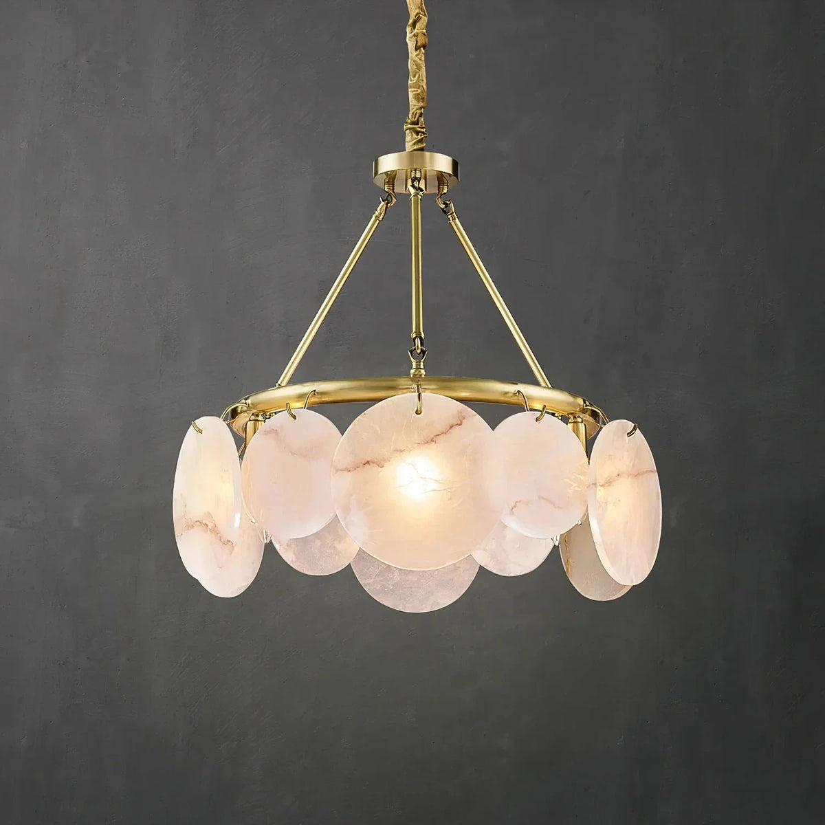 Modern Disc Chandelier in alabaster for Dining Room by AUVIELIGHT, ∅ 17.7″ x H 17.7″ / 45cm x H 45cm / Brass & White and 3 other sizes
