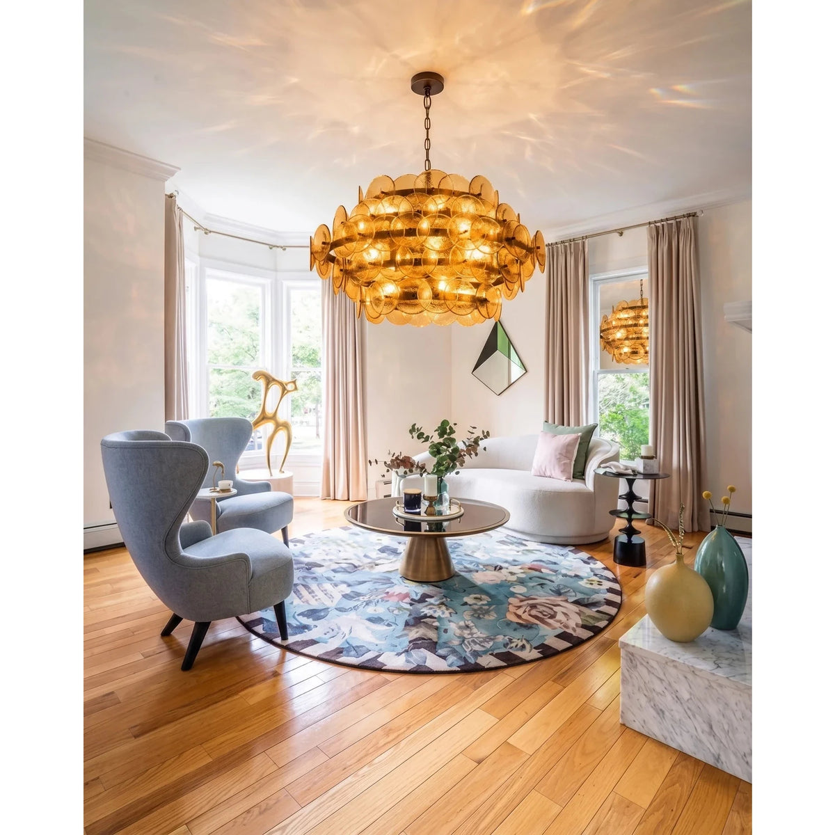 Modern Disc Globe Chandelier in amber glass for Dining Room by AUVIELIGHT