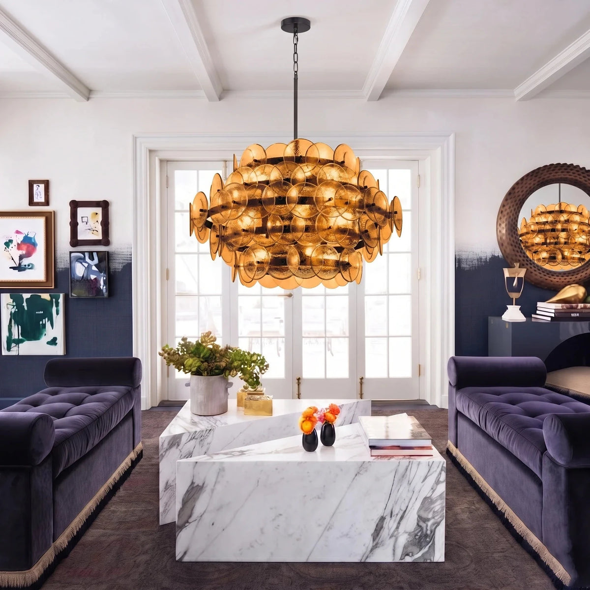 Modern Disc Globe Chandelier in amber glass for Dining Room by AUVIELIGHT