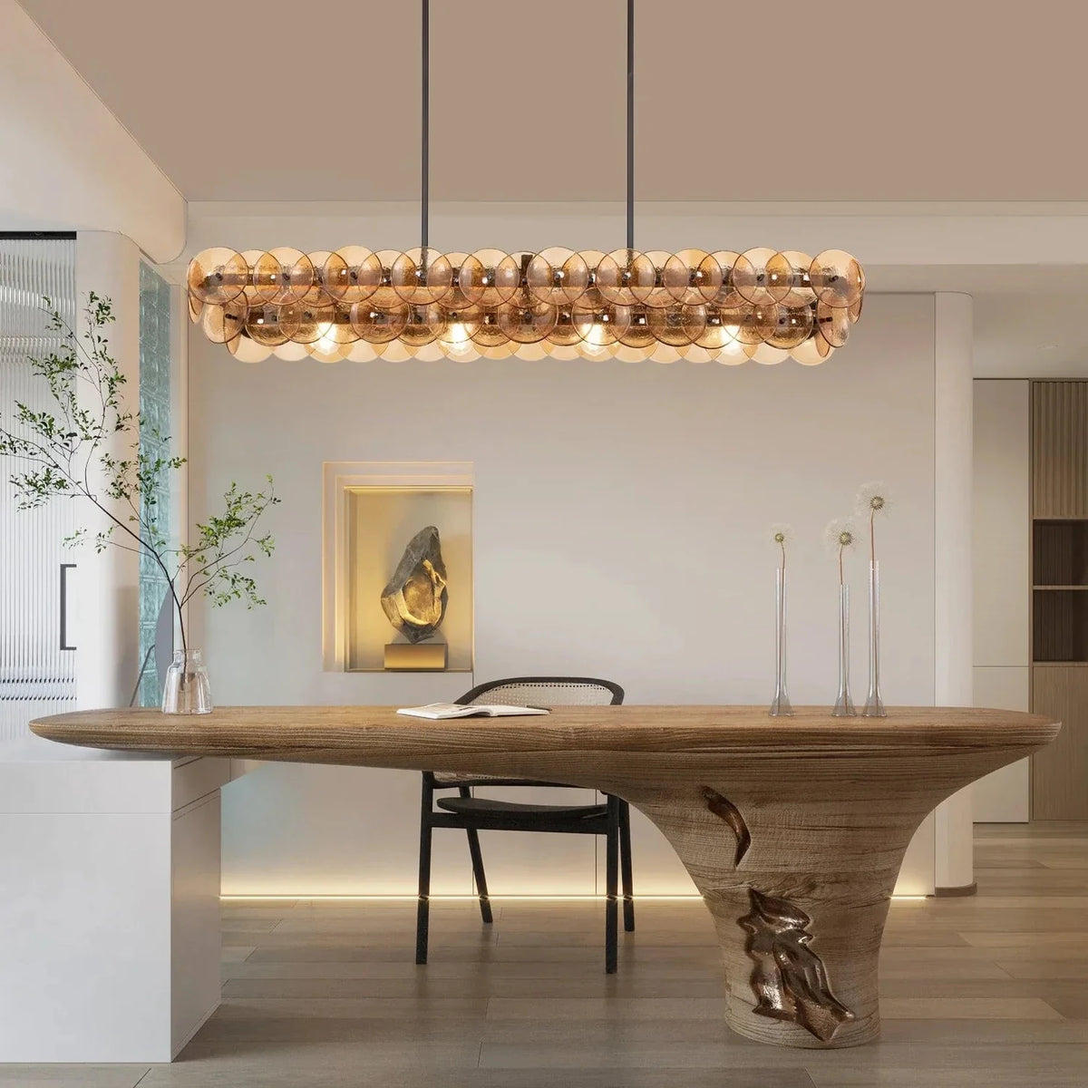 Modern Disc Linear Chandelier in amber glass for Dining Room by AUVIELIGHT