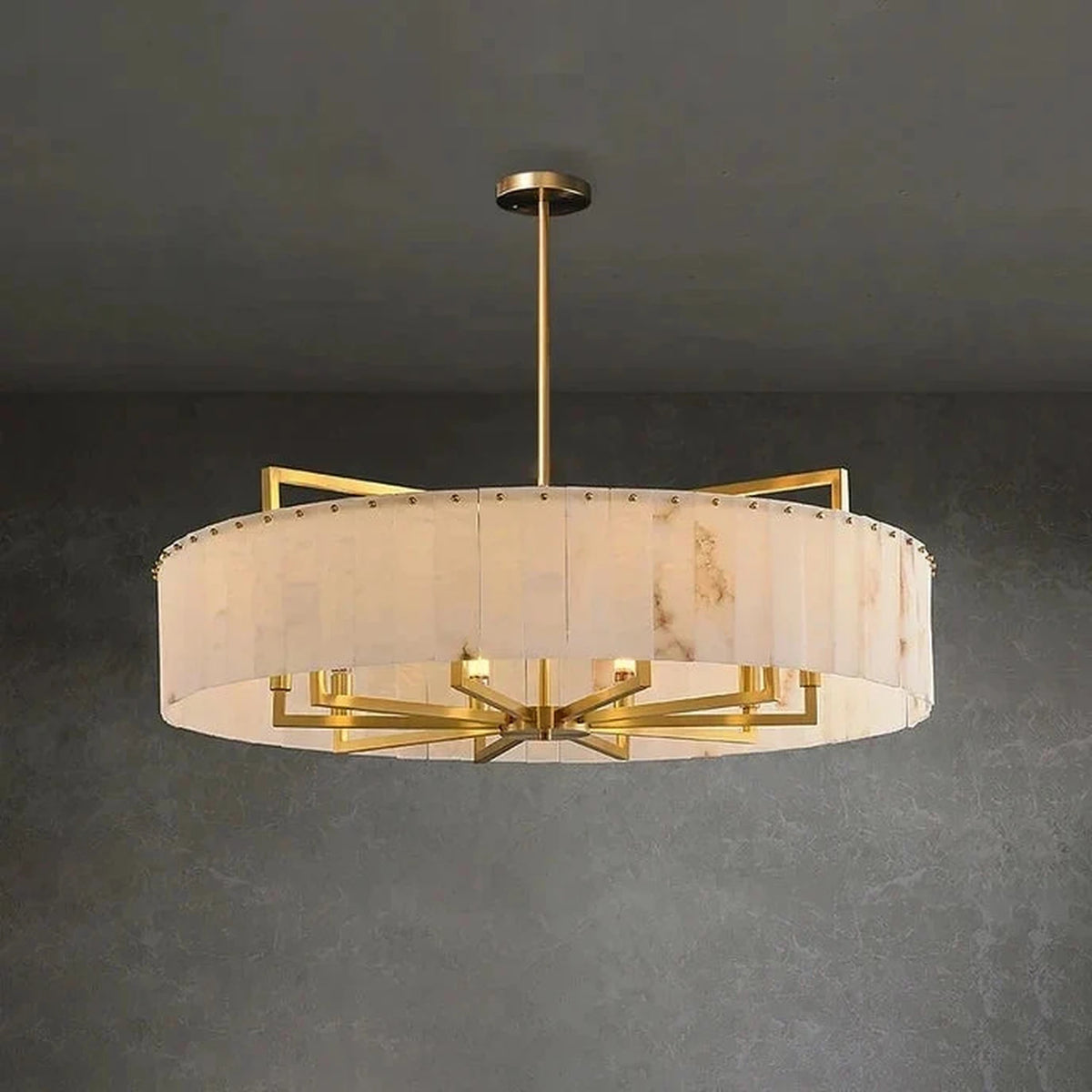 Modern Drum Chandelier in alabaster for Dining Room by AUVIELIGHT, ∅ 39.4″ x H 11.9″ / Dia 100cm x H 30cm / Brass