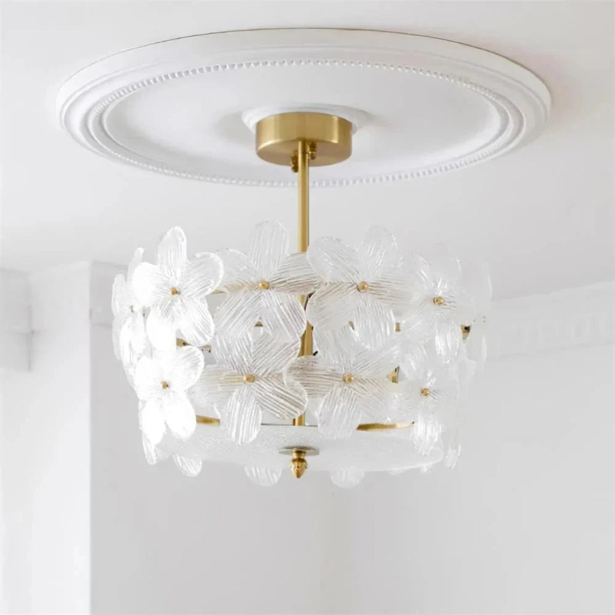 Modern Flower Semi-Flush Mount in frosted glass for Low Ceilings by AUVIELIGHT, ∅ 17.7″ x H 16.5″ / Brass & Clear