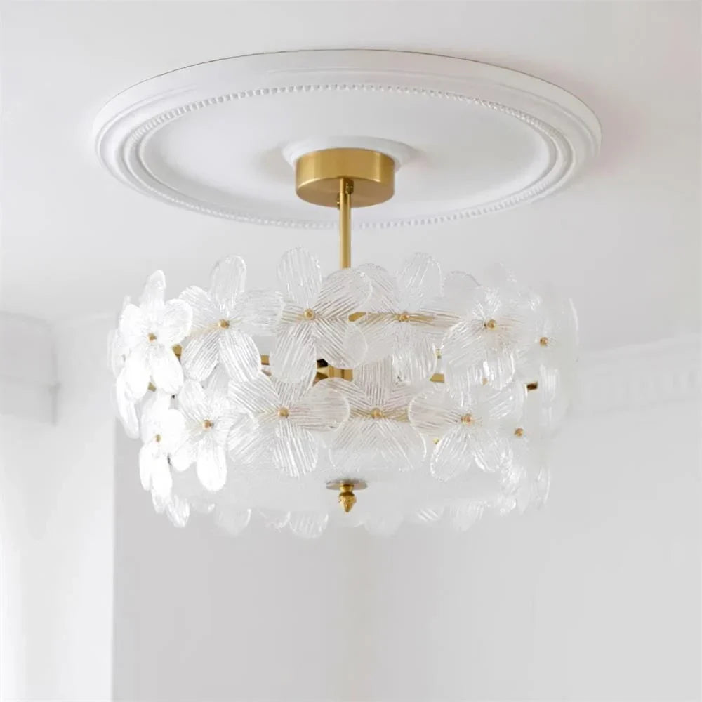 Modern Flower Semi-Flush Mount in frosted glass for Low Ceilings by AUVIELIGHT, ∅ 21.6″ x H 16.5″ / Brass & Clear