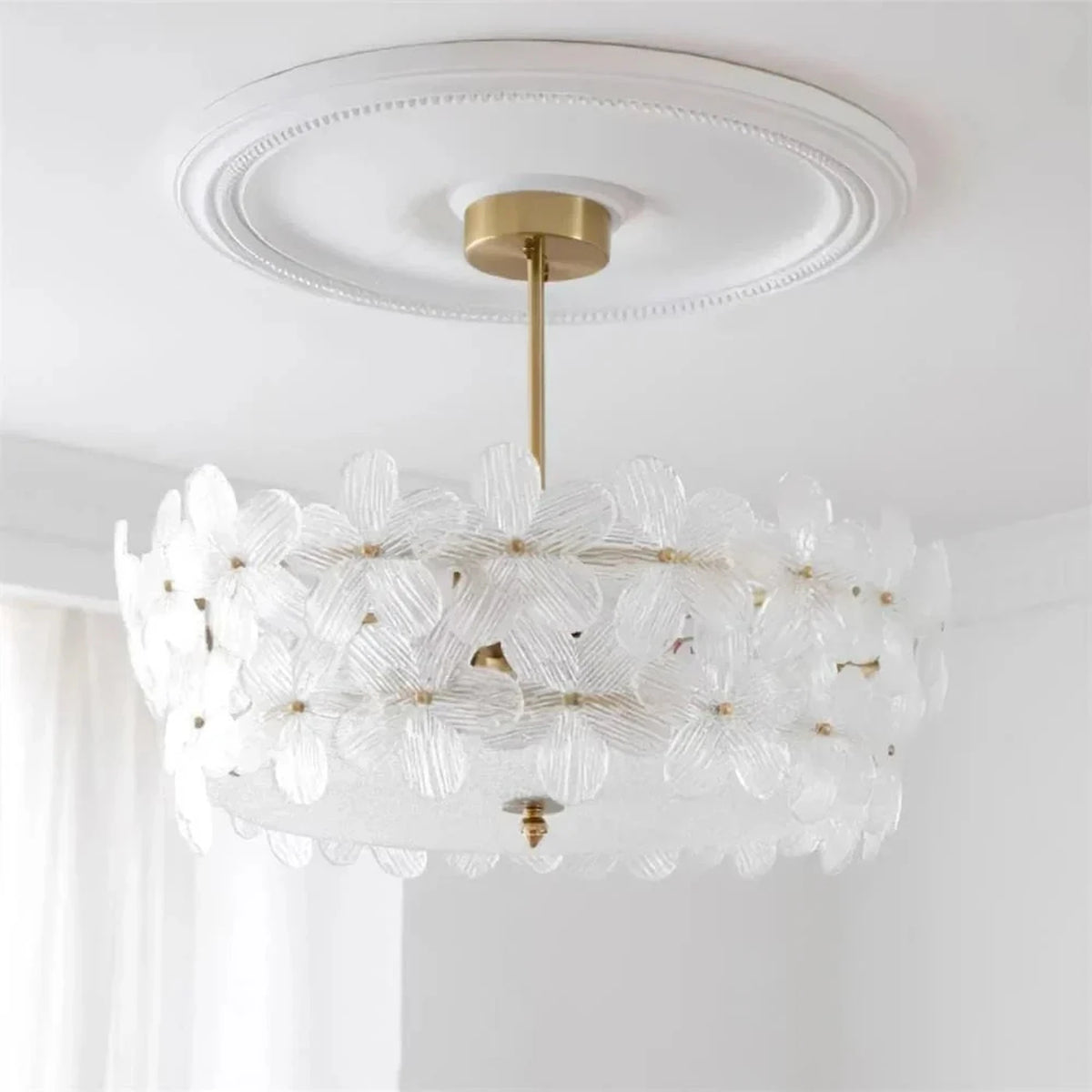 Modern Flower Semi-Flush Mount in frosted glass for Low Ceilings by AUVIELIGHT, ∅ 25.6″ x H 16.5″ / Brass & Clear