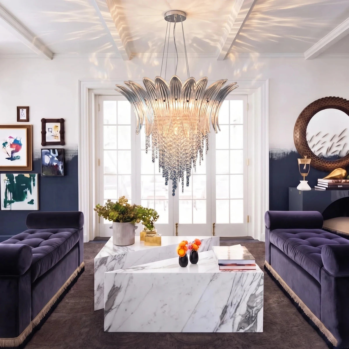 Modern Fluted Crown Chandelier in clear glass for Dining Room by AUVIELIGHT