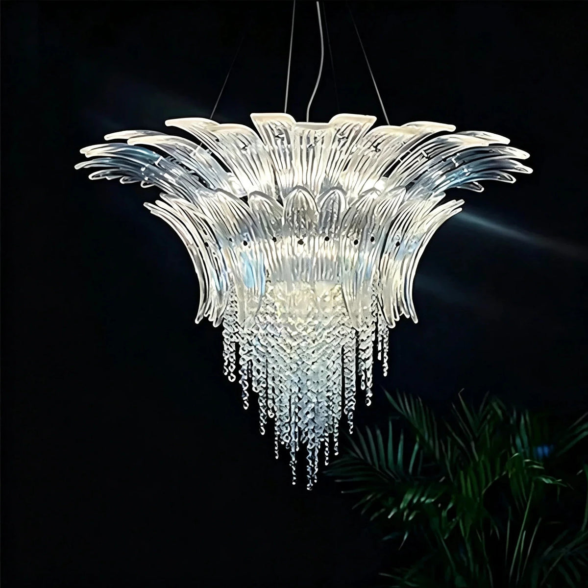 Modern Fluted Crown Chandelier in clear glass for Dining Room by AUVIELIGHT, Dia 31.5" x H 27.1" / Clear