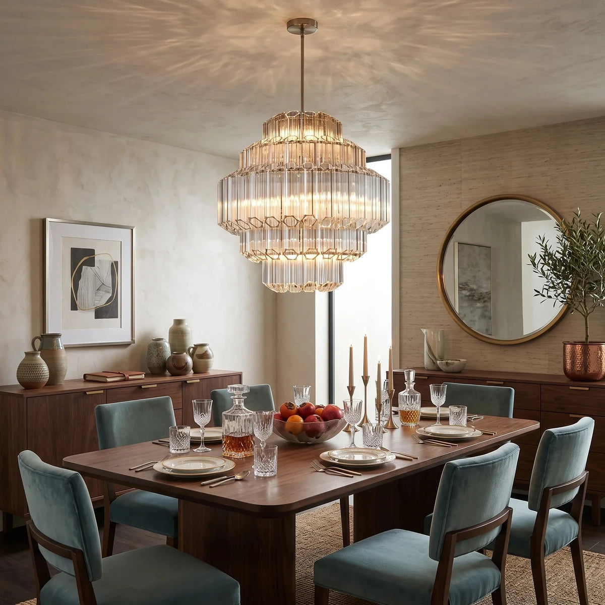 Modern Fluted Tiered Chandelier in clear crystal glass for Dining Room by AUVIELIGHT
