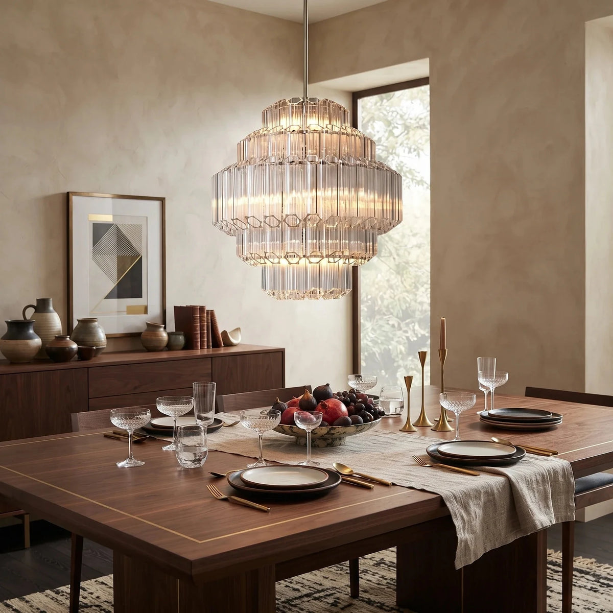 Modern Fluted Tiered Chandelier in clear crystal glass for Dining Room by AUVIELIGHT