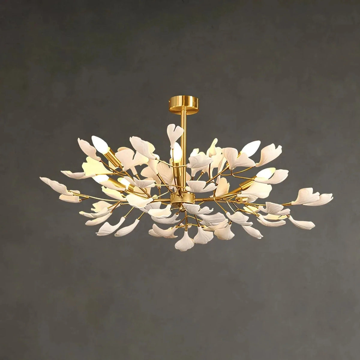Modern Ginkgo Leaf Chandelier in ceramic for Dining Room by AUVIELIGHT, ∅ 25.6" x H 15.7" / Dia 65cm x H 40cm / Gold & White and 2 other sizes
