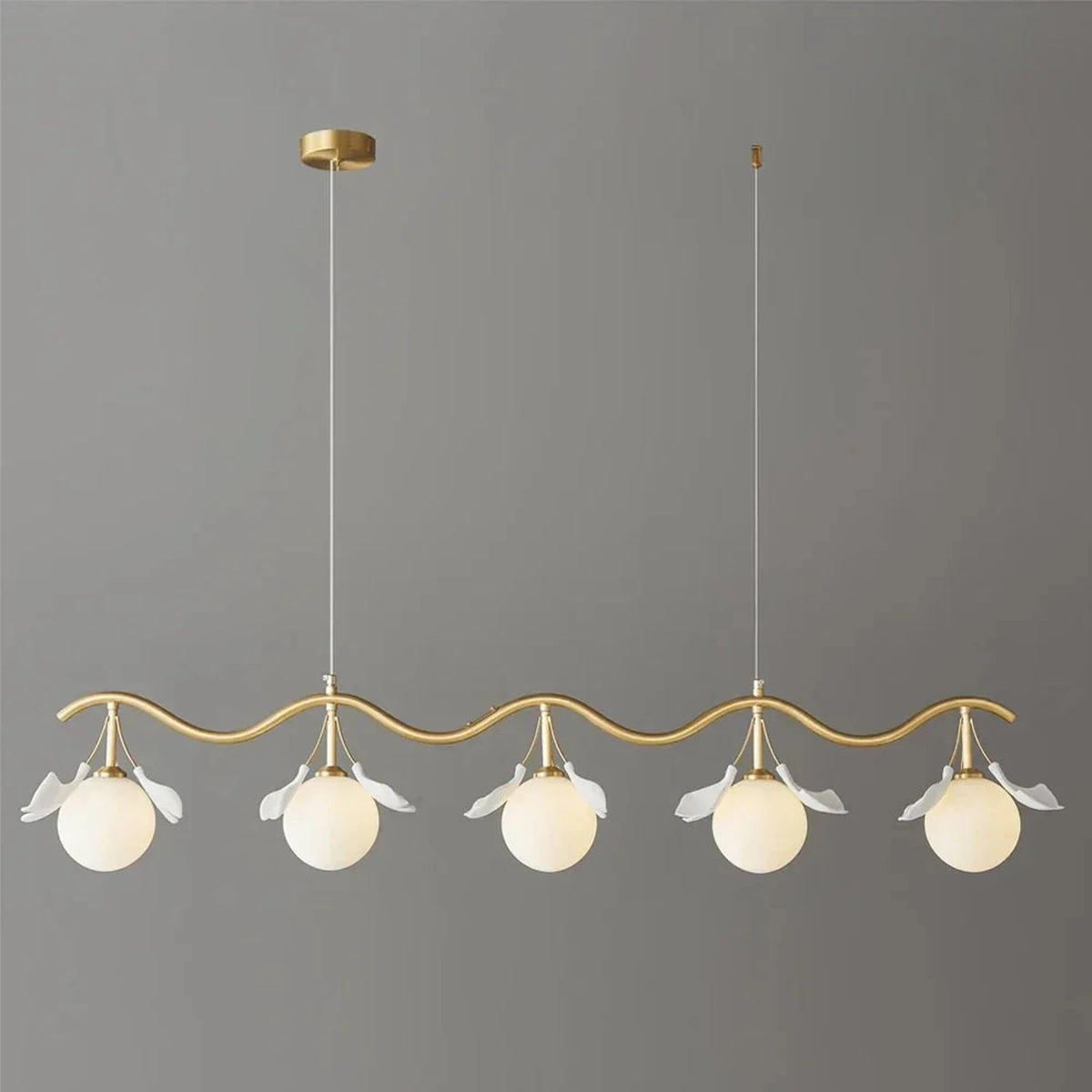Modern Ginkgo Leaf Chandelier in frosted for Dining Room by AUVIELIGHT, 5-Lights L 55.1" x W 9.1" x H 9.1" / Brass & White