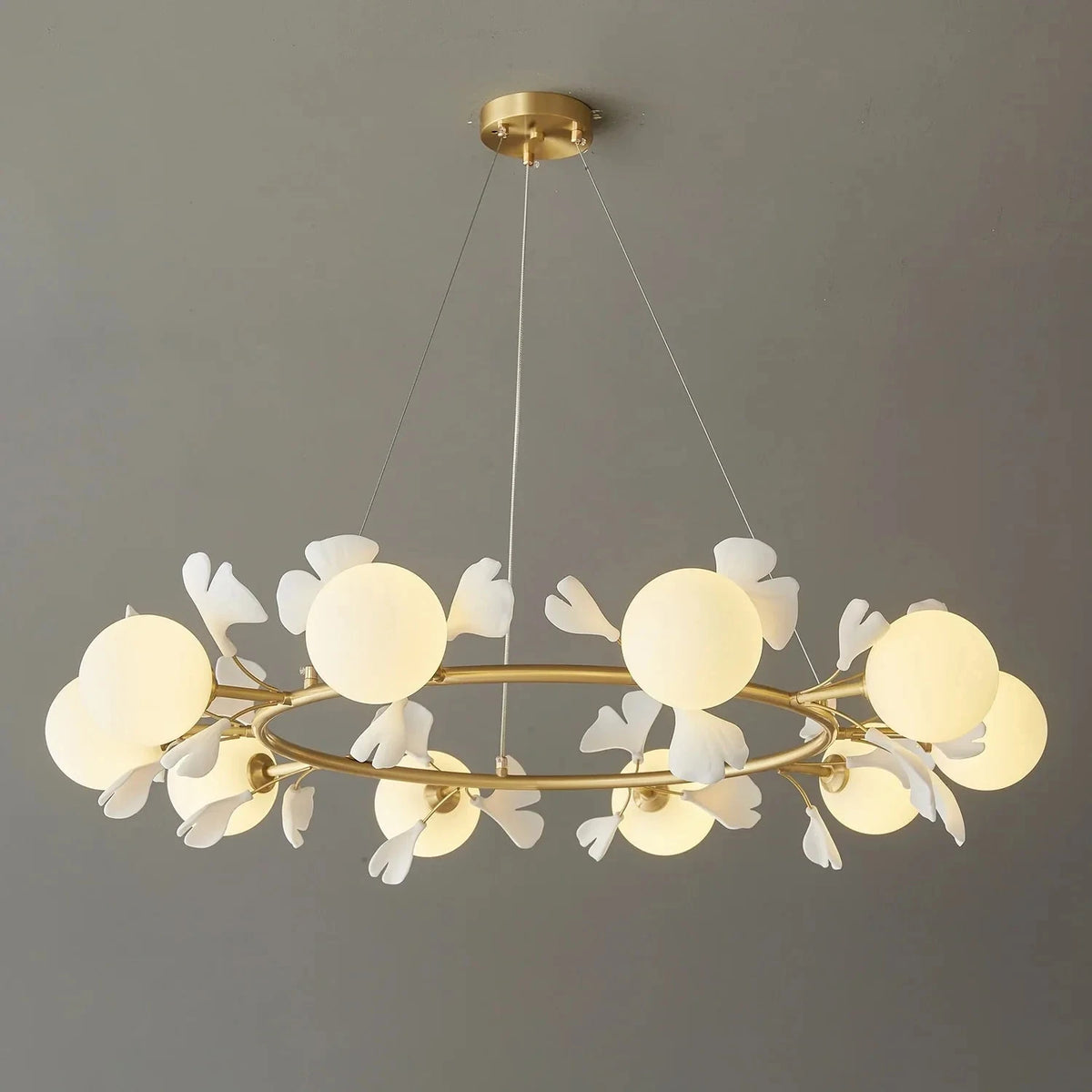 Modern Ginkgo Leaf Chandelier in frosted for Dining Room by AUVIELIGHT, 10-Lights ∅ 39.4" x H 9.1" / Brass & White