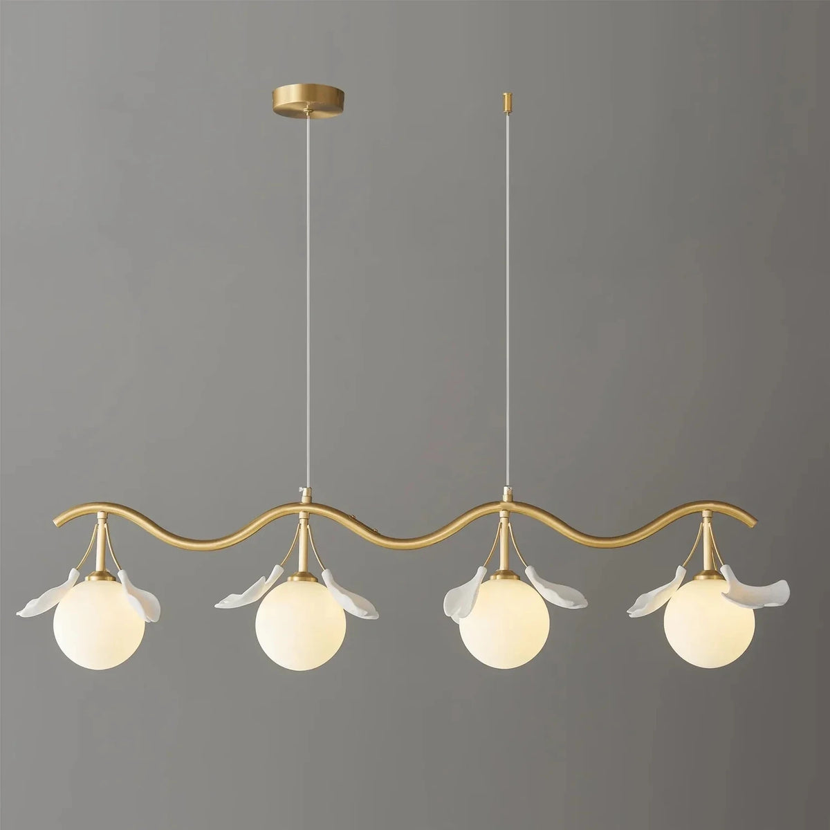 Modern Ginkgo Leaf Chandelier in frosted for Dining Room by AUVIELIGHT, 4-Lights L44.1" x W 9.1" x H 9.1" / Brass & White