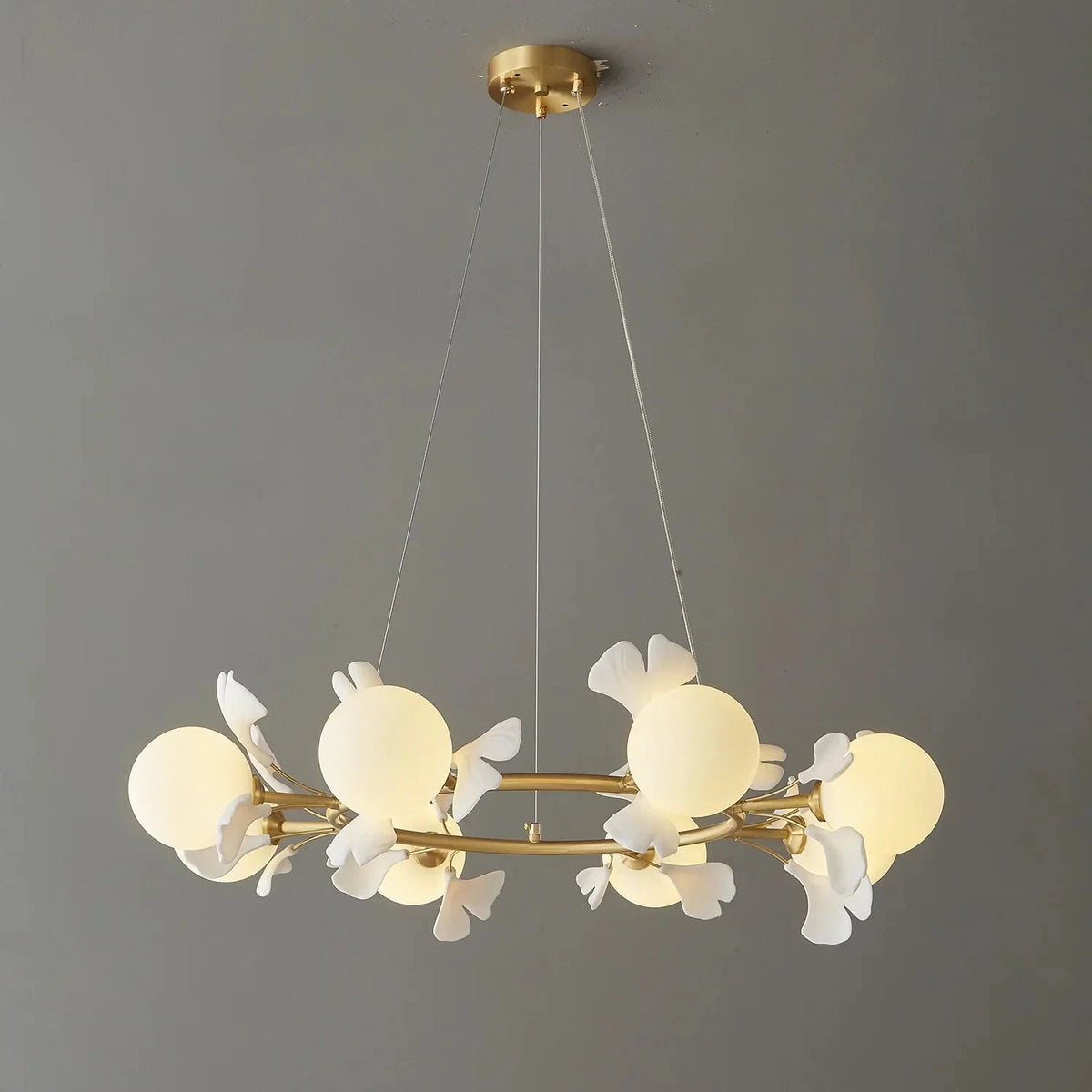 Modern Ginkgo Leaf Chandelier in frosted for Dining Room by AUVIELIGHT, 8-Lights ∅ 33.5" x H 9.1" / Brass & White