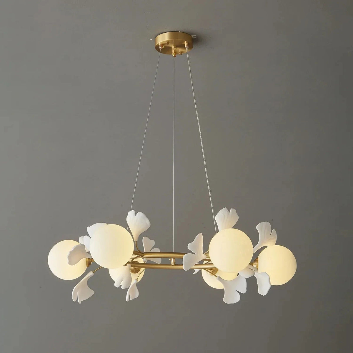 Modern Ginkgo Leaf Chandelier in frosted for Dining Room by AUVIELIGHT, 6-Lights ∅ 29.5" x H 9.1" / Brass & White
