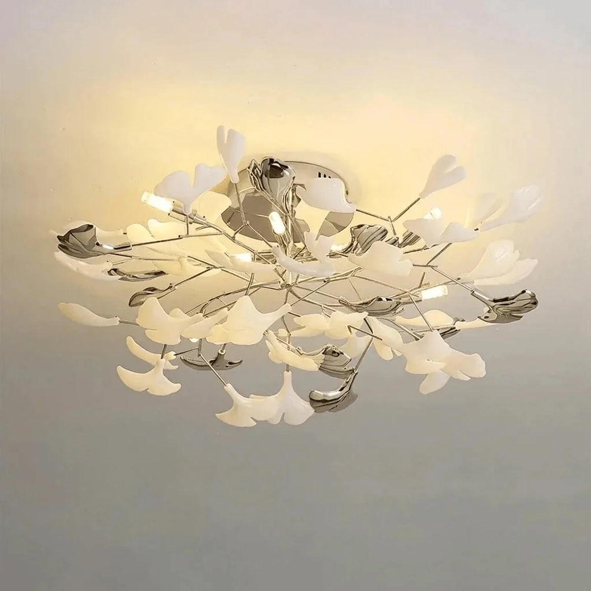 Modern Ginkgo Leaf Flush Mount for Low Ceilings by AUVIELIGHT, Model D ∅ 39.4" x H 11.8" / Nickel lampbody & White and Silver leaves