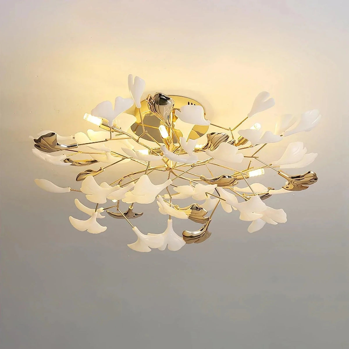 Modern Ginkgo Leaf Flush Mount for Low Ceilings by AUVIELIGHT, Model D ∅ 31.5" x H 11.8" / Gold lampbody & White and Gold leaves