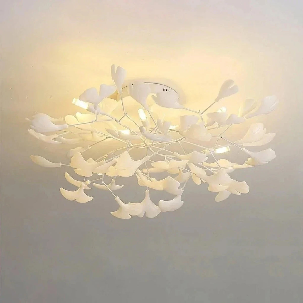 Modern Ginkgo Leaf Flush Mount for Low Ceilings by AUVIELIGHT, Model D ∅ 31.5" x H 11.8" / White lampbody & White leaves