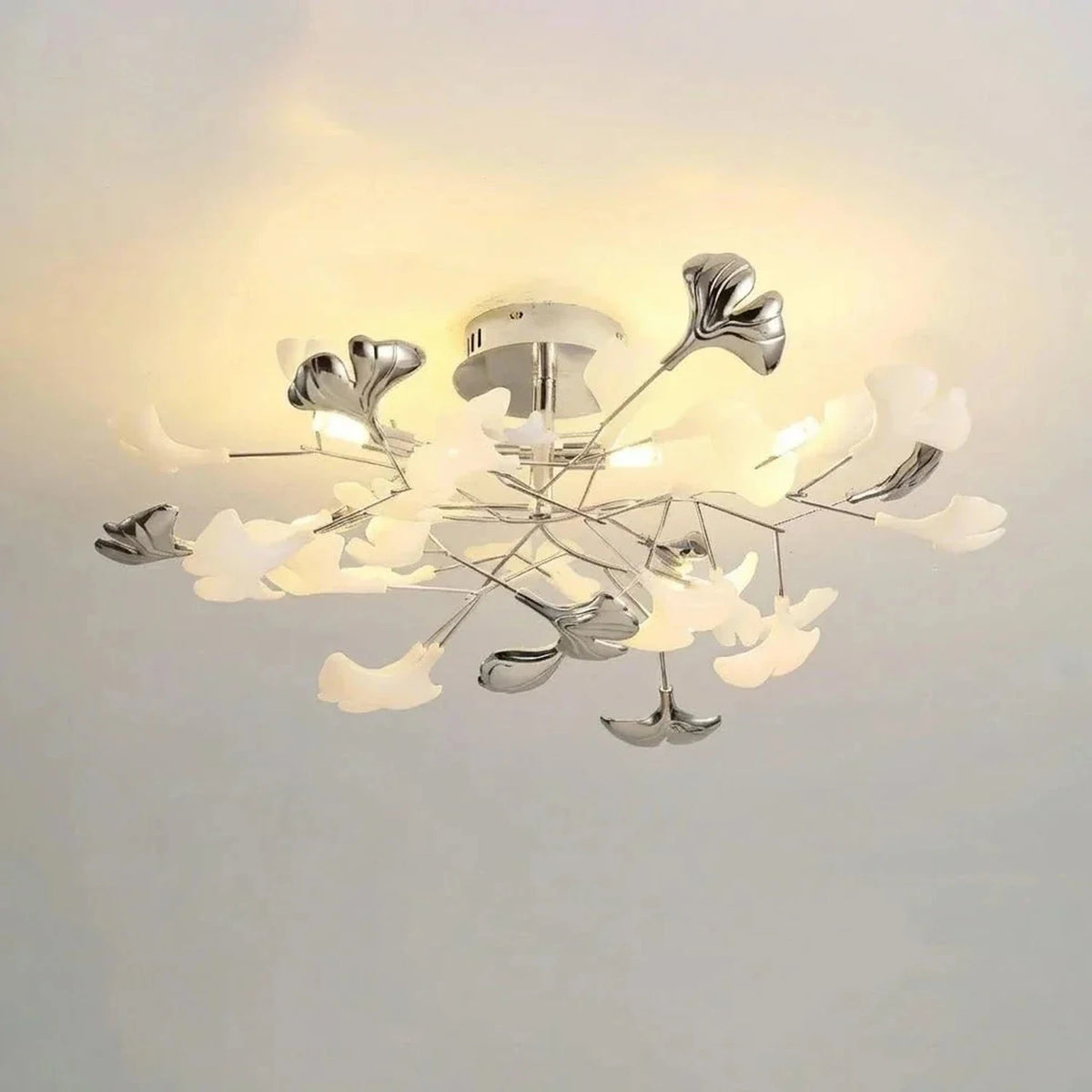 Modern Ginkgo Leaf Flush Mount for Low Ceilings by AUVIELIGHT, Model C ∅ 23.6" x H 11.8" / Nickel lampbody & White and Silver leaves