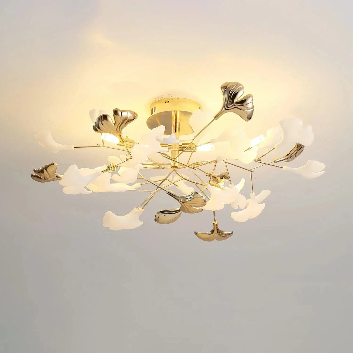 Modern Ginkgo Leaf Flush Mount for Low Ceilings by AUVIELIGHT, Model C ∅ 23.6" x H 11.8" / Gold lampbody & White and Gold leaves