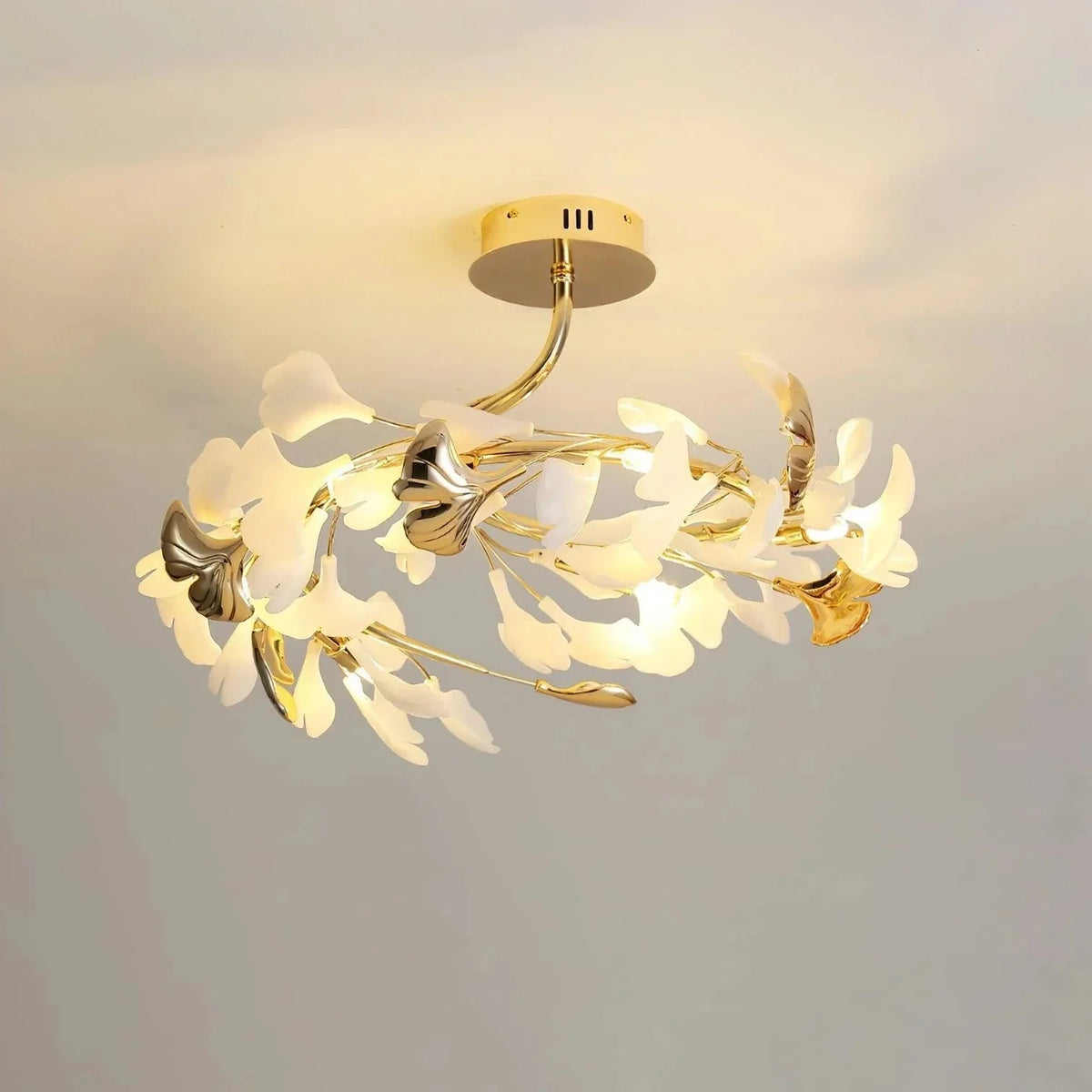Modern Ginkgo Leaf Flush Mount for Low Ceilings by AUVIELIGHT, Model B ∅ 23.6" x H 13.8" / Gold lampbody & White and Gold leaves