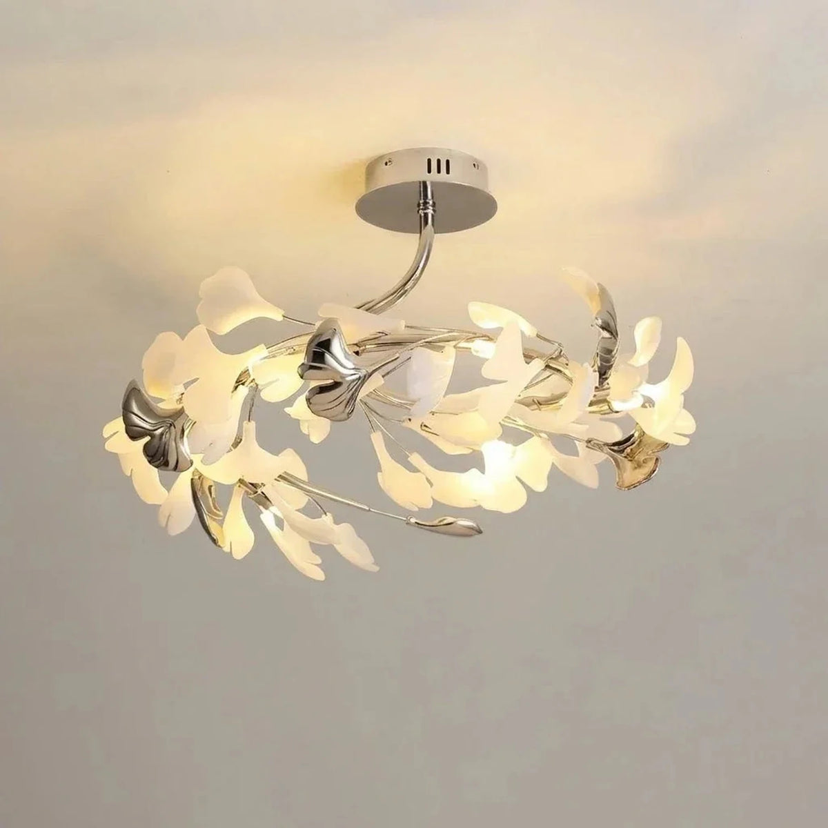 Modern Ginkgo Leaf Flush Mount for Low Ceilings by AUVIELIGHT, Model B ∅ 23.6" x H 13.8" / Nickel lampbody & White and Silver leaves