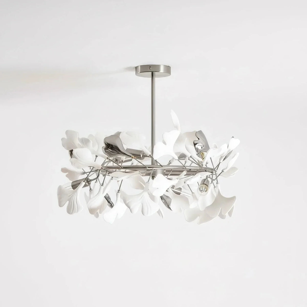 Modern Ginkgo Leaf Flush Mount for Low Ceilings by AUVIELIGHT, Model A ∅ 23.6" x H 15.7" / Nickel lampbody & White and Silver leaves