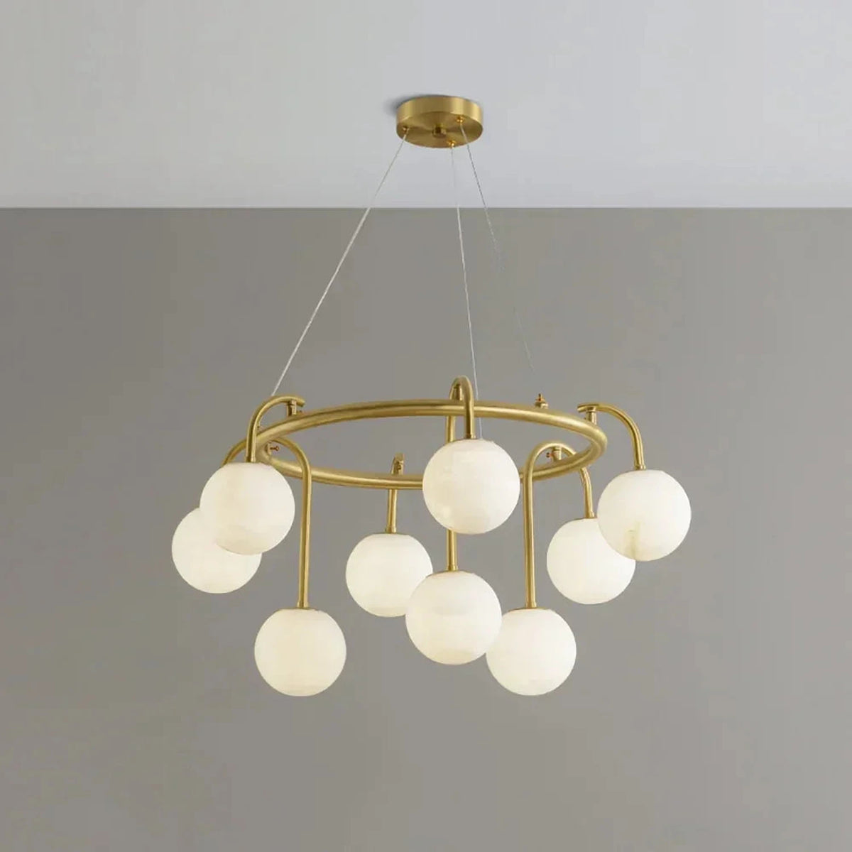 Modern Globe Chandelier in alabaster for Dining Room by AUVIELIGHT, 9 Heads Dia 70cm x H 35cm / ∅ 27.5″ x H 13.8″ / White+Gold