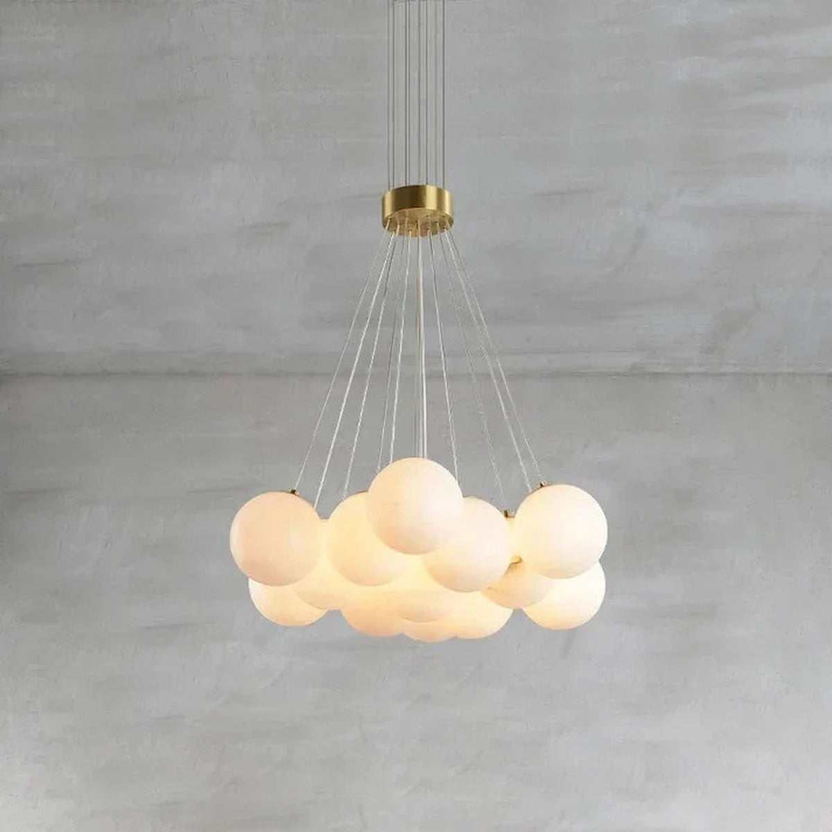Modern Globe Cluster Chandelier in alabaster for Dining Room by AUVIELIGHT, 15 heads D 56cm x H 200cm / ∅ 22″ x H 78.7″ / Brass & White and 1