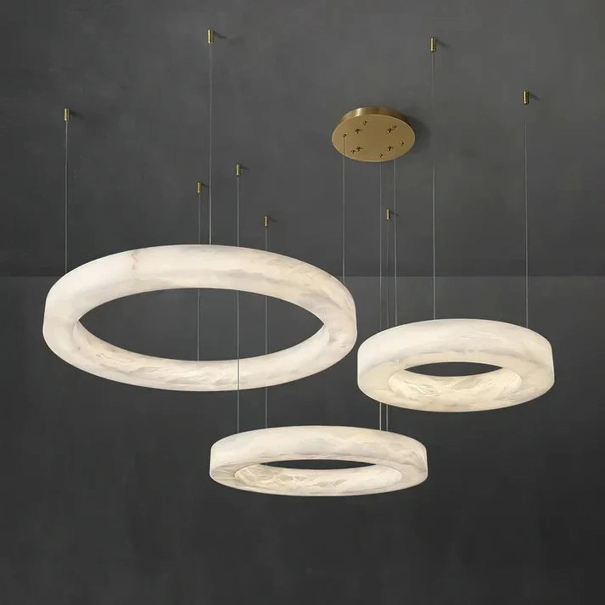 Modern Halo Ring Chandelier in alabaster for Dining Room light fixture by AUVIELIGHT, 3 Layers ∅ 19.7″ + ∅ 27.6″ + ∅ 31.5″ x H 59″ / White +