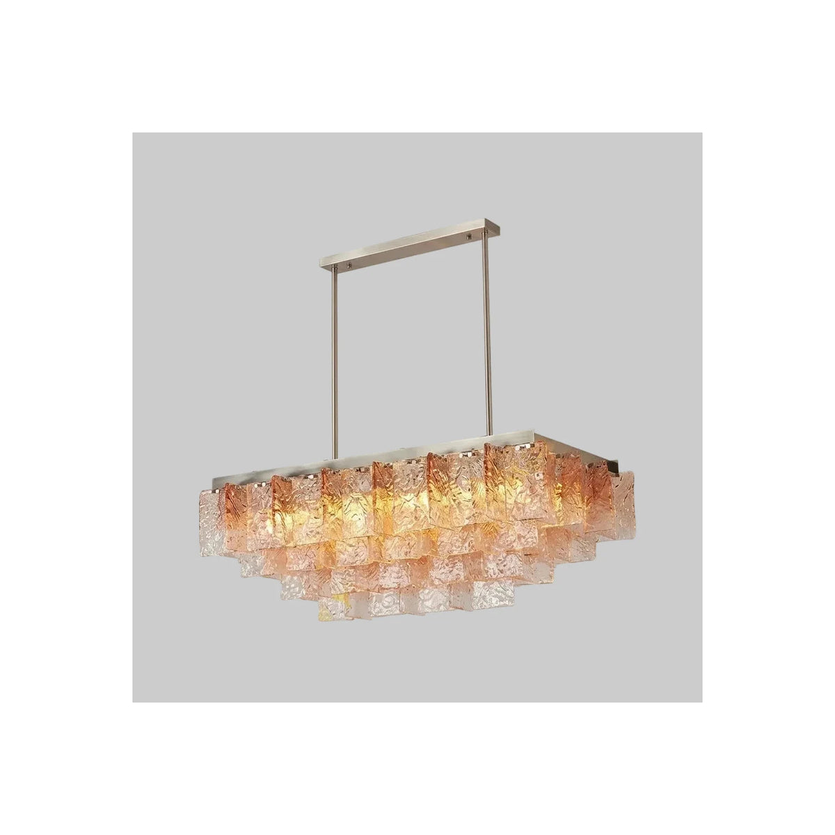 Modern Linear Amber Murano Style Tiered Ice Glass Chandelier light fixture by AUVIELIGHT, L 23.7" x W 23.7" x H 15.8" / Silver + Pink Glass and