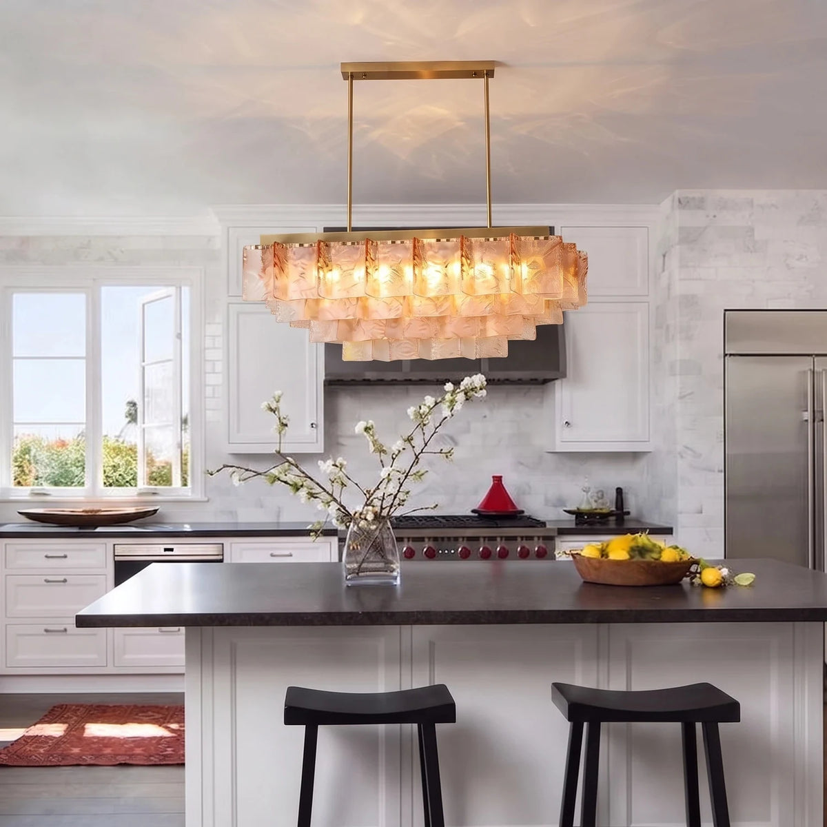 Modern Linear Amber Murano Style Tiered Ice Glass Chandelier light fixture by AUVIELIGHT