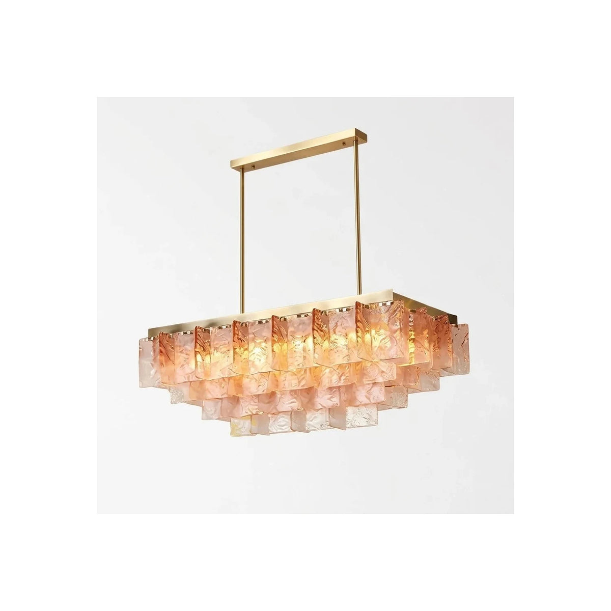 Modern Linear Amber Murano Style Tiered Ice Glass Chandelier light fixture by AUVIELIGHT, L 23.7" x W 23.7" x H 15.8" / Brass + Pink Glass and 2