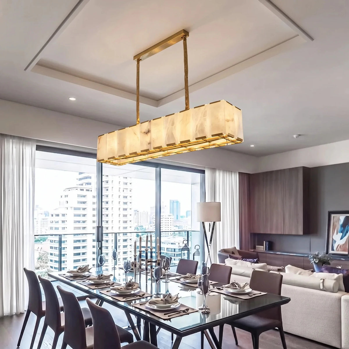 Modern Linear Chandelier in alabaster for Dining Room light fixture by AUVIELIGHT