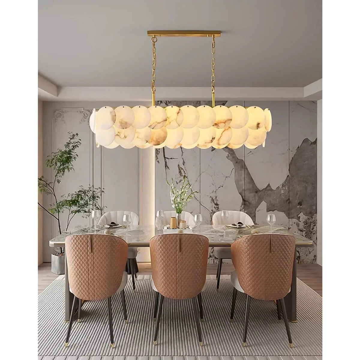 Modern Linear Disc Chandelier in alabaster for Dining Room by AUVIELIGHT