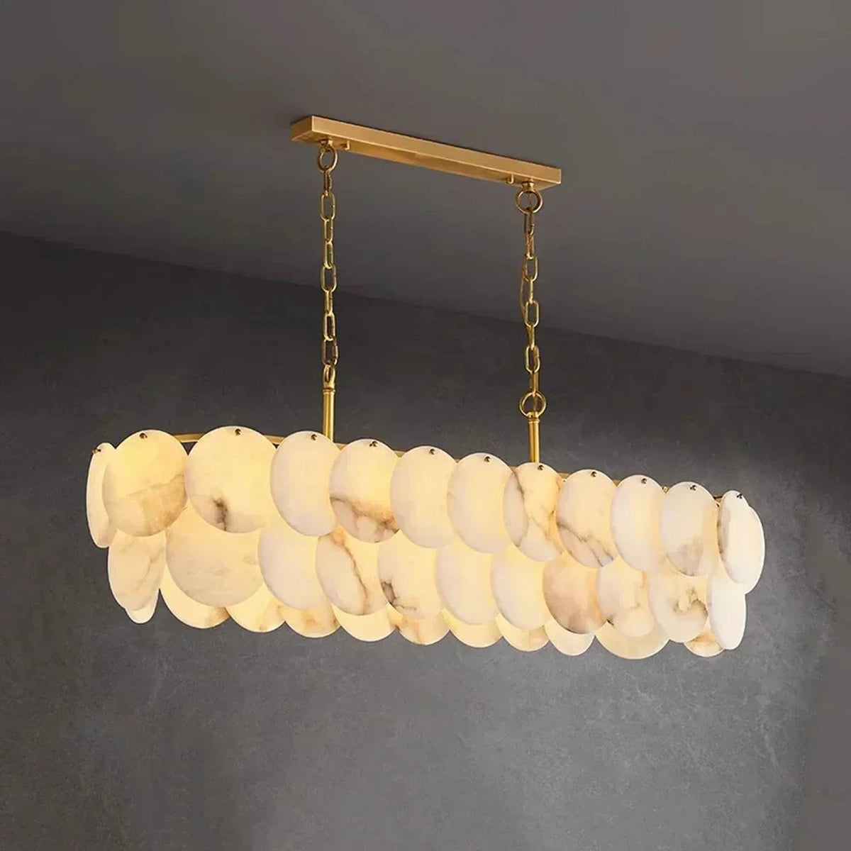 Modern Linear Disc Chandelier in alabaster for Dining Room by AUVIELIGHT, Dia 120cm x H 40cm / ∅ 47.2″ x H 15.7″ / White+Gold