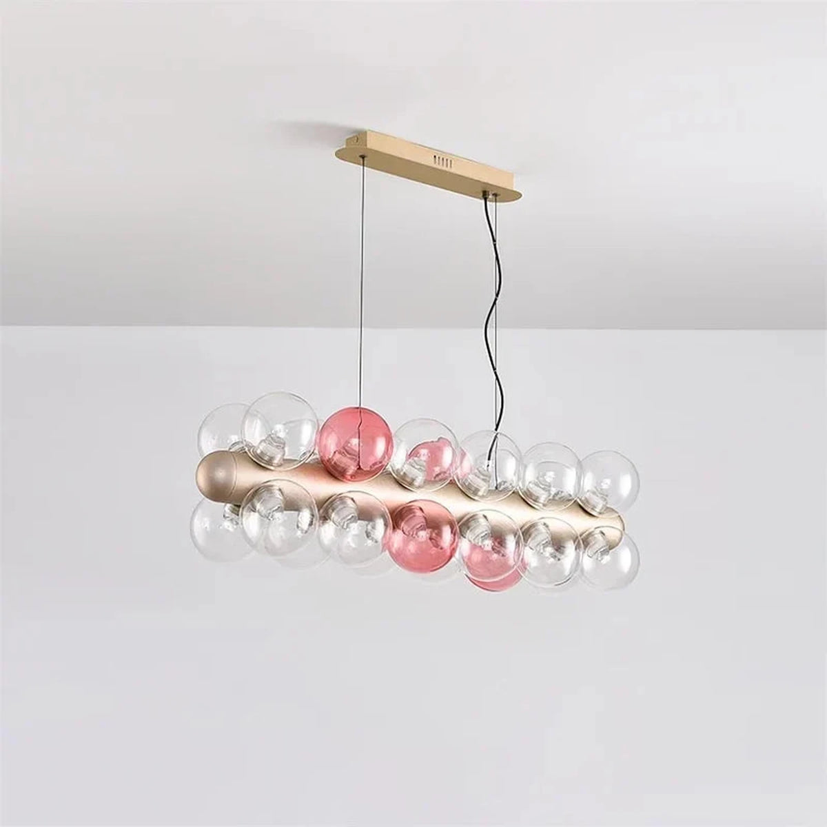 Modern Linear Globe Chandelier in glass for Dining Room light fixture by AUVIELIGHT, L 90cm x H 26cm / L 35.4" x H 10.2" / Pink & Clear / Warm