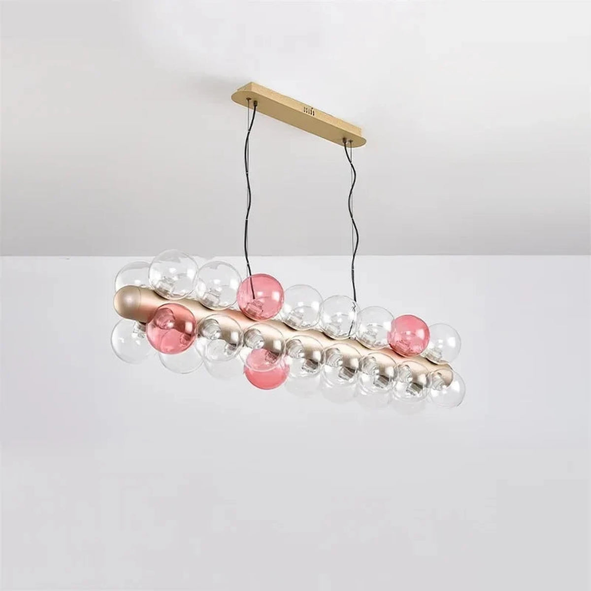 Modern Linear Globe Chandelier in glass for Dining Room light fixture by AUVIELIGHT, L120cm x H 26cm / L47.2" x H 10.2" / Pink & Clear / Warm