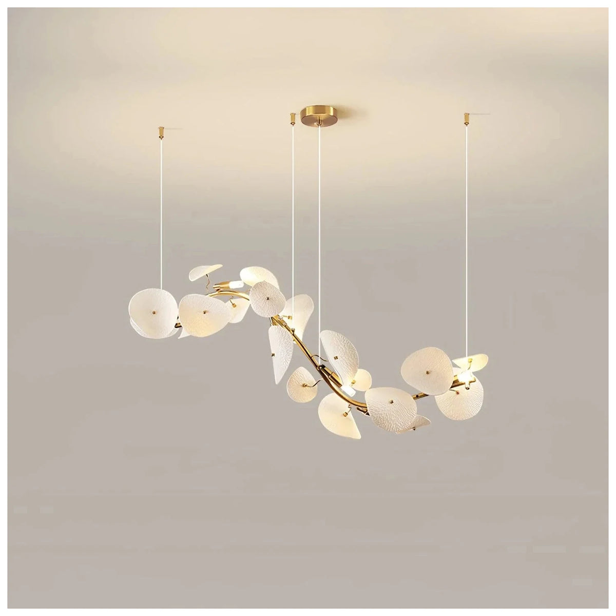 Modern Linear White Ceramic Petal Chandelier light fixture by AUVIELIGHT, L 39.4″ x W 11.8″ x H 19.7″ / Gold & White Ceramic