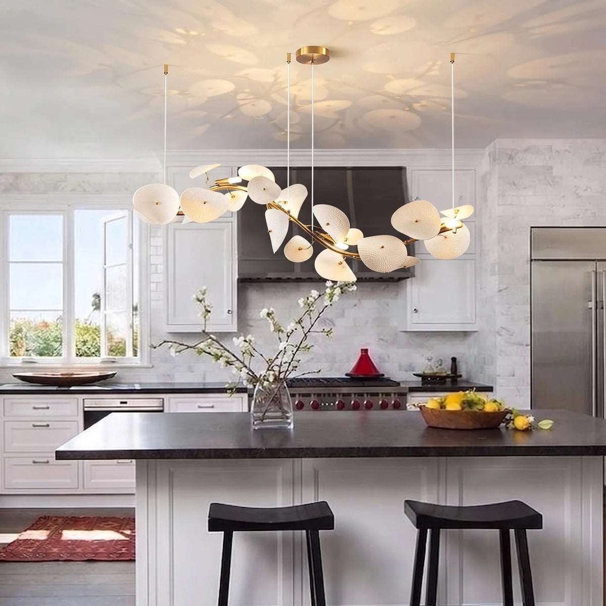 Modern Linear White Ceramic Petal Chandelier light fixture by AUVIELIGHT