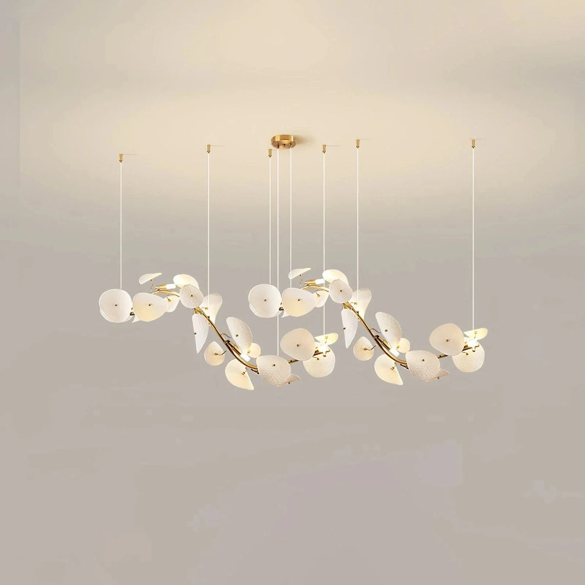 Modern Linear White Ceramic Petal Chandelier light fixture by AUVIELIGHT, L 63″ x W 11.8″ x H 19.7″ / Gold & White Ceramic