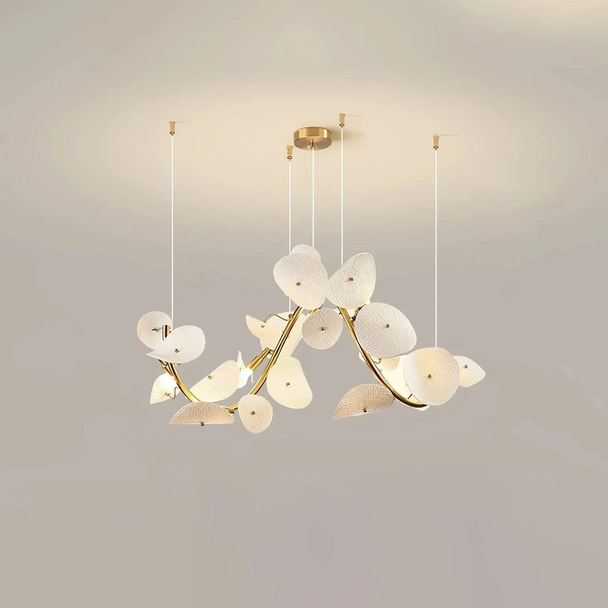 Modern Linear White Ceramic Petal Chandelier light fixture by AUVIELIGHT, L 35.4″ x W 22.8″ x H 19.7″ / Gold & White Ceramic