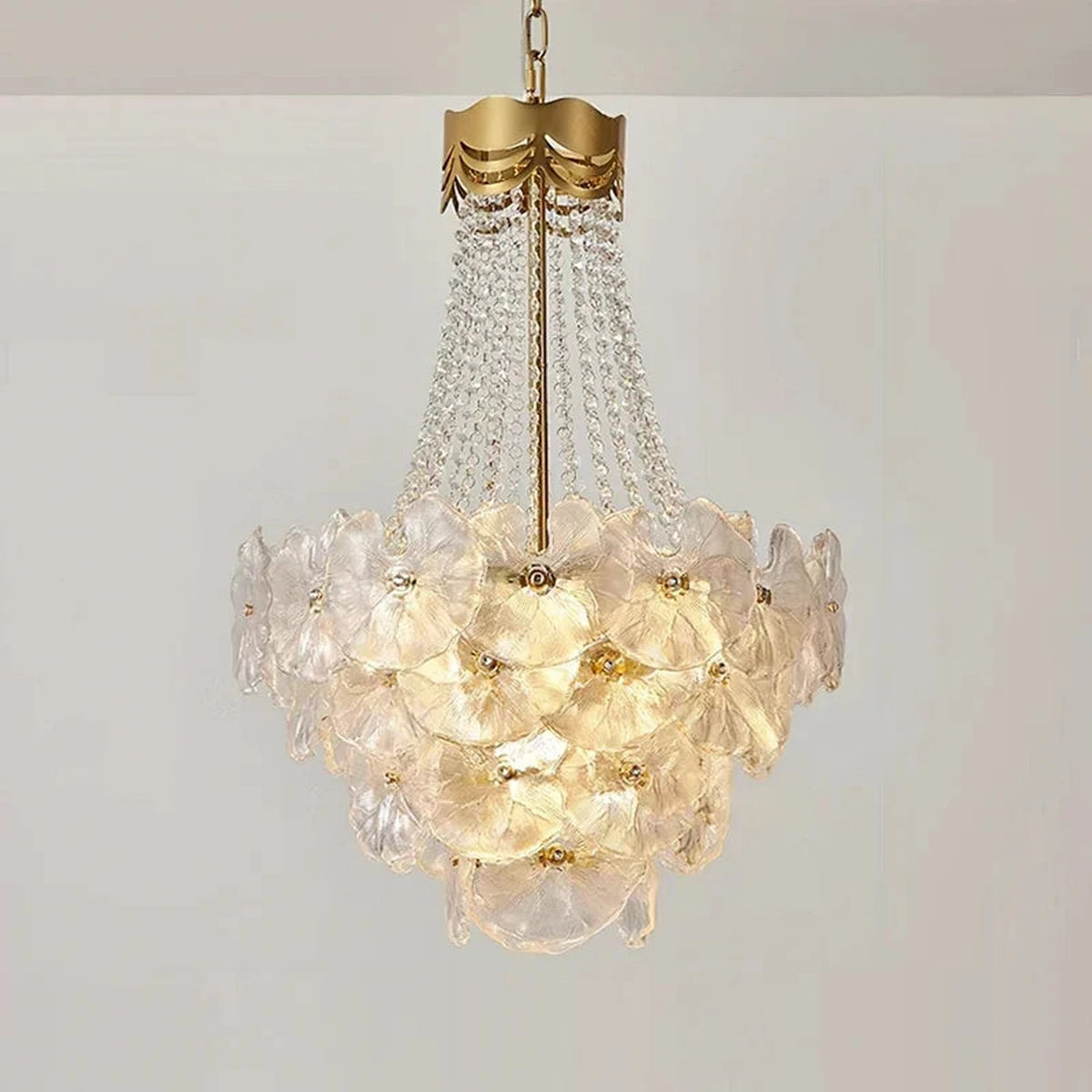 Modern Lotus Leaf Chandelier in clear textured glass for Dining Room by AUVIELIGHT, ∅ 19.7″ x H 27.6″ / Clear & Gold
