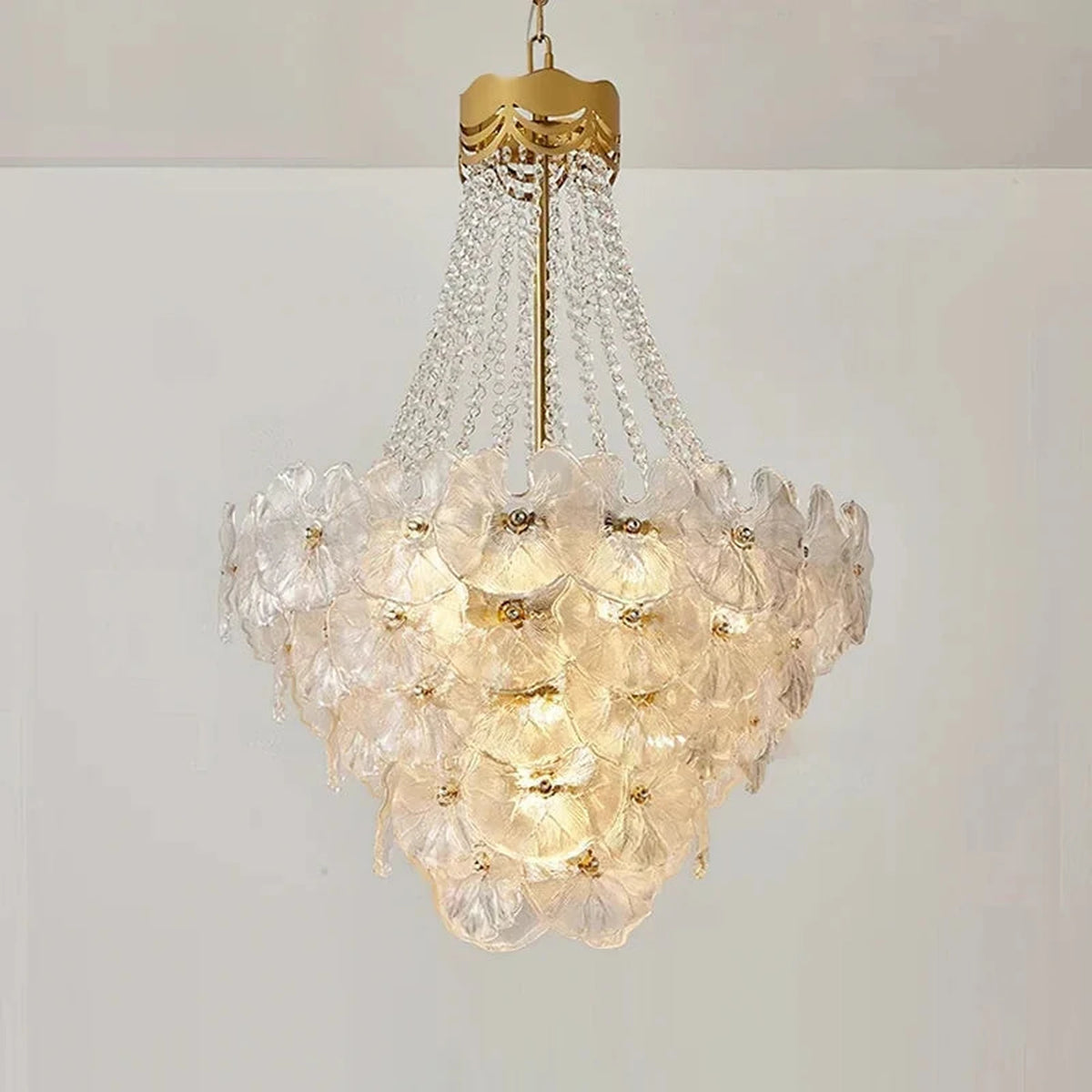 Modern Lotus Leaf Chandelier in clear textured glass for Dining Room by AUVIELIGHT, ∅ 23.6″ x H 31.5″ / Clear & Gold