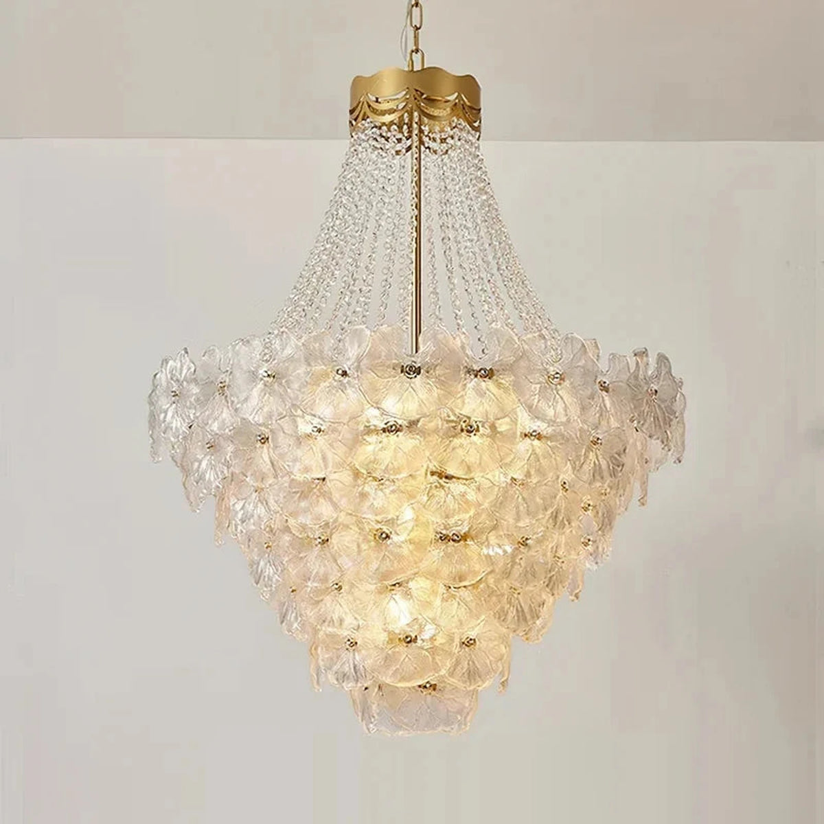 Modern Lotus Leaf Chandelier in clear textured glass for Dining Room by AUVIELIGHT, ∅ 31.5″ x H 39.4″ / Clear & Gold
