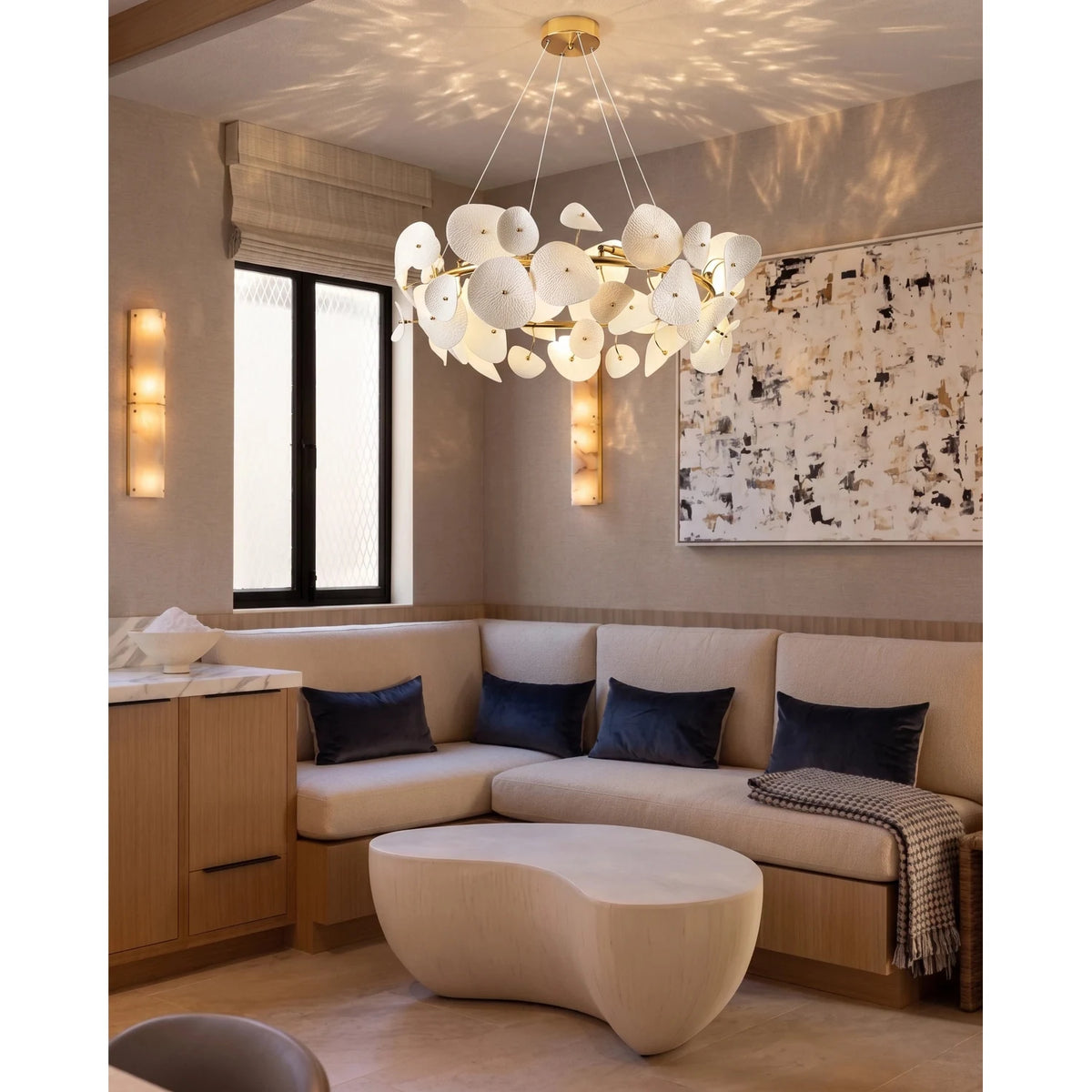 Modern Matte White Ceramic Petal Ring Chandelier light fixture by AUVIELIGHT