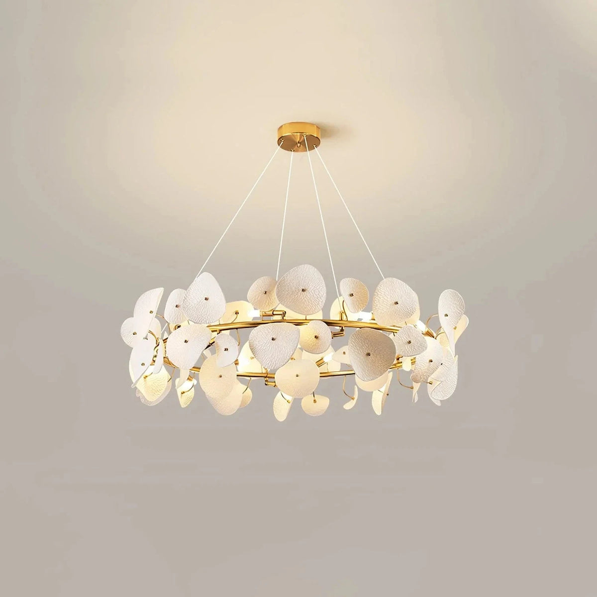 Modern Matte White Ceramic Petal Ring Chandelier light fixture by AUVIELIGHT, ∅ 39.4″ x H 11.8″ / Gold & White Ceramic