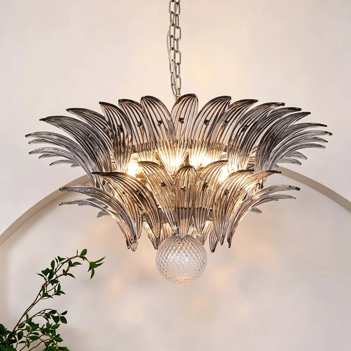 Modern Palm Leaf Chandelier in clear glass for Dining Room by AUVIELIGHT, ∅ 23.6″ x H 23.6 / Smoke Grey