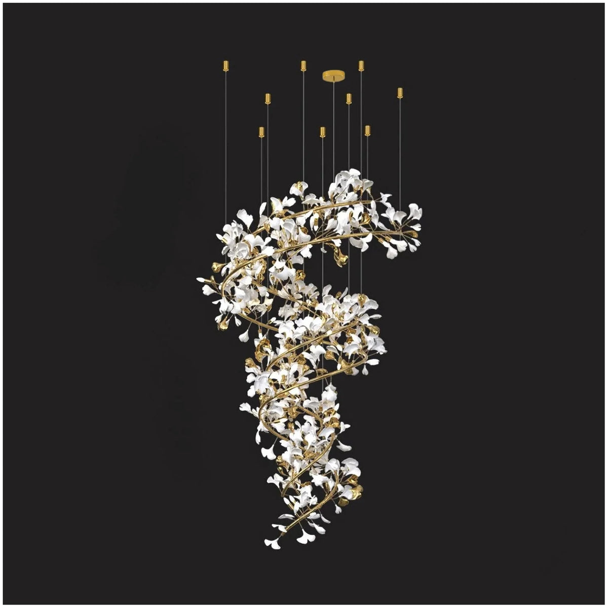 Modern Spiral Ginkgo Leaf Staircase Chandelier light fixture by AUVIELIGHT, ∅ 31.5″ x H 78.7″ / White & Gold