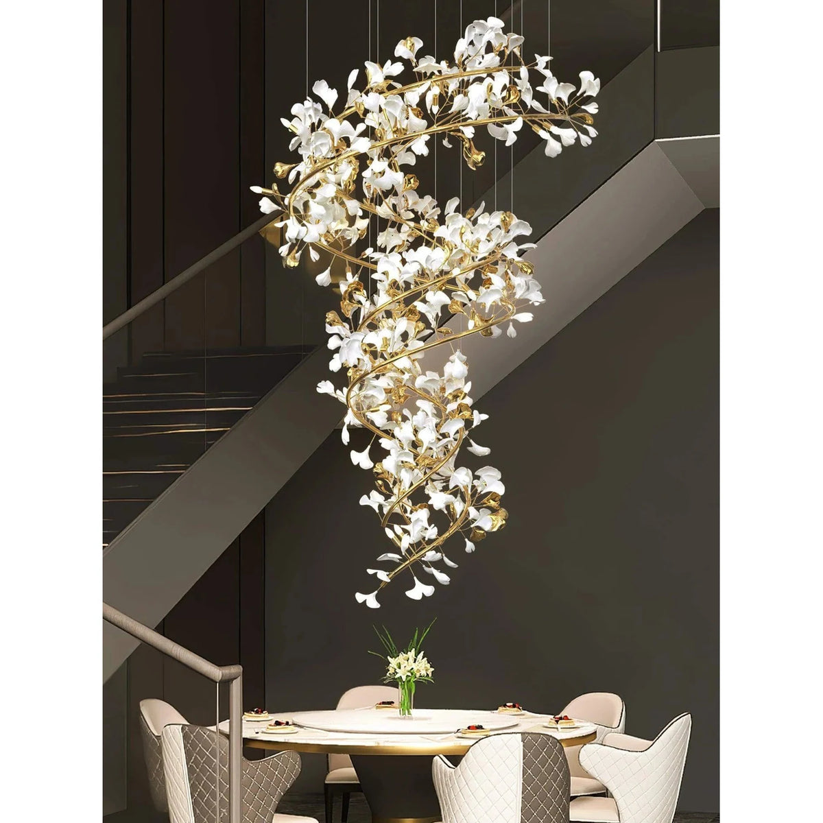 Modern Spiral Ginkgo Leaf Staircase Chandelier light fixture by AUVIELIGHT